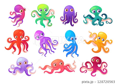 Cartoon octopuses. Octopus kraken sea monster, squid with tentacles ocean underwater animal poses marine creature cute characters under water aquarium, swanky vector illustration 128720563