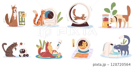 Pet gadgets. Smart devices for pets, ai innovation digital technology, automated feeders toilets online health training dog cat internet control collar, classy vector illustration Pet gadgets. Smart devices for pets, ai innovation digital technology, automated feeders toilets online health training dog cat internet control collar, classy vector illustration 128720564