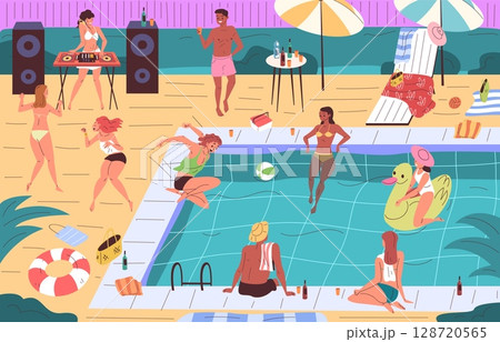 People pool party. Man in swimwear and woman bikini dance fun event, dj outdoor beach festival in luxury villa hotel poolside swim jump summer vacation, classy vector illustration 128720565