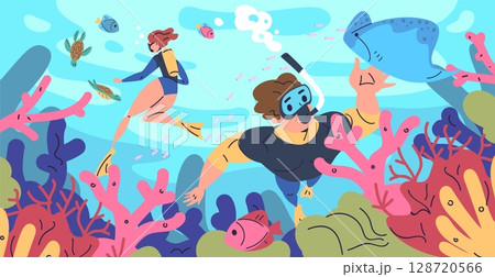 People snorkeling. Couple snorkel, man woman diving sea underwater nature landscape scuba divers dive under water snorkling deep fish reef swim mask, classy vector illustration People snorkeling. Couple snorkel, man woman diving sea underwater nature landscape scuba divers dive under water snorkling deep fish reef swim mask, classy vector illustration 128720566