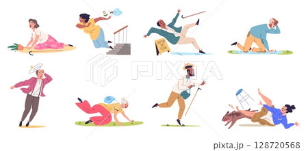 Falling old people. Senior person fall down accident, elderly woman injury elder slip stumble injured man with dizzy grandfather grandma fracture risk, classy vector illustration 128720568