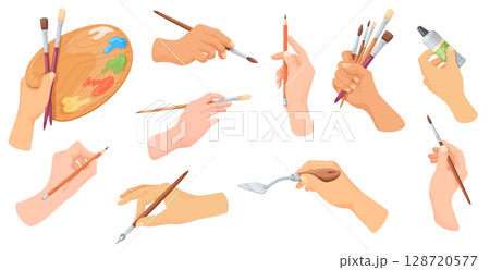 Painters hands. Artist hand hold paint brush, pencil pen paintbrush palette in painter arm art school stationery drawing equipment write design sketch tool neat vector illustration 128720577