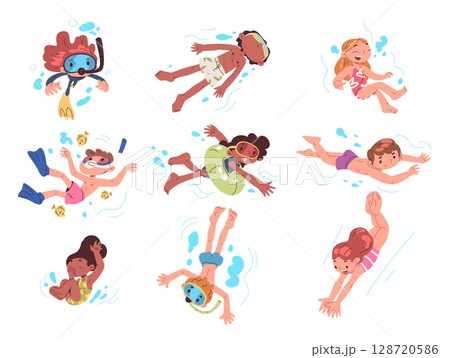 Swimming children. Kids swim water sport play fun game, jump pool child swimmer dive underwater cute boy girl swimmers cartoon characters summer vacation classy vector illustration 128720586