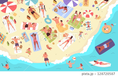 People on beach top view. Crowd tourists relax seaside, swim inflatable ring water sea sunbathing towels above sun umbrella summer vacation holiday rest, classy vector illustration 128720587