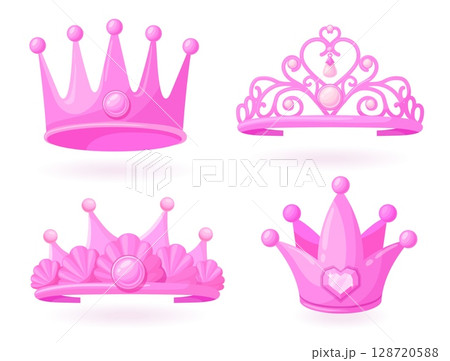 Cartoon pink tiara. Princess crown, girl queen diadem with heart diamond female jewelry beautiful royal tiaras little princesses fashion royalty cute set neat vector illustration 128720588