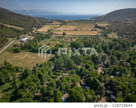Aerial View Popular tourist camping Sagone Campsite hilltop located on the western coast of Corsica island Corse France 128720644