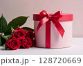 A present gift box and red rose bouquet at pink background. Image created by artificial intelligence 128720669