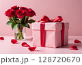A present gift box and red rose bouquet at pink background. Image created by artificial intelligence 128720670