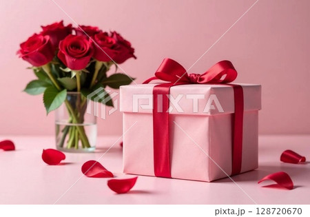 A present gift box and red rose bouquet at pink background. Image created by artificial intelligence 128720670