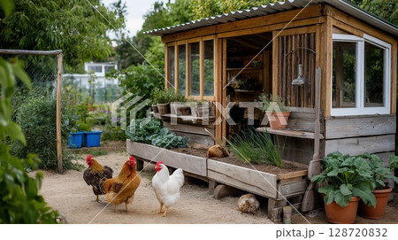Wooden chicken coop with free-roaming hens and lush vegetable garden in cozy backyard Wooden chicken coop with free-roaming hens and lush vegetable garden in cozy backyard 128720832