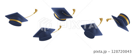 Graduates celebration. 3D Flying black graduate hat Graduates celebration. 3D Flying black graduate hat 128720843