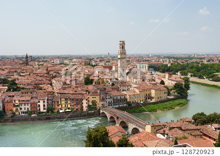 Panoramic view of Verona with the river Adige and historic architecture. Panoramic view of Verona with the river Adige and historic architecture. 128720923
