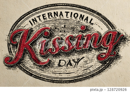 Vintage-style typography design featuring International Kissing Day text with red cursive lettering on an aged textured background, evoking nostalgia and celebration of love. 128720926
