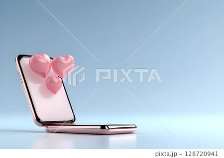 A modern smartphone with a sleek design displays three floating pink hearts against a light blue background, symbolizing digital romance, connection, and communication through technology. 128720941