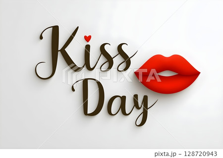 Elegant design featuring Kiss Day text with a heart detail above 'i' and bold red lips on a white background, celebrating affection and expression on a special romantic occasion. Elegant design featuring Kiss Day text with a heart detail above 'i' and bold red lips on a white background, celebrating affection and expression on a special romantic occasion. 128720943
