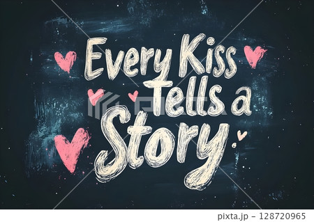 Artistic chalk-style illustration with the phrase Every Kiss Tells a Story surrounded by pink hearts on a dark textured background, conveying romance and creativity. 128720965