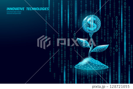 Digital dollar flower growing. Technology bloom coin earnings futuristic art. Finances blockchain innovation business investments. Dark blue background low poly style vector 128721055