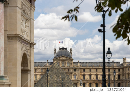 Scenic View of the Louvre Museum and Glass Pyramids in Paris, France Scenic View of the Louvre Museum and Glass Pyramids in Paris, France 128721064