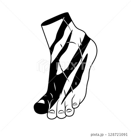 Human foot with zebra pattern. Vector surreal leg covered in black and white animal stripes. Feet symbol with wild camouflage decoration. Creative body part with skin print or tribal texture. Anatomy. 128721091