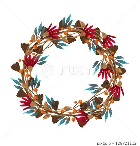 Fall or autumn leaves wreath for nature background. Vector seasonal foliage or decoration for thanksgiving holiday, front door decor. Wood flora or forest plant berry harvest. Biology and botany. 128721112