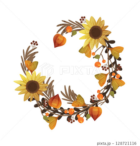 Vector wreath made of autumn leaves. Seasonal background or fall backdrop. Thanksgiving leaf ornament or fall front door decoration. Harvest holiday botanical decor. Plant foliage for forest or wood. 128721116