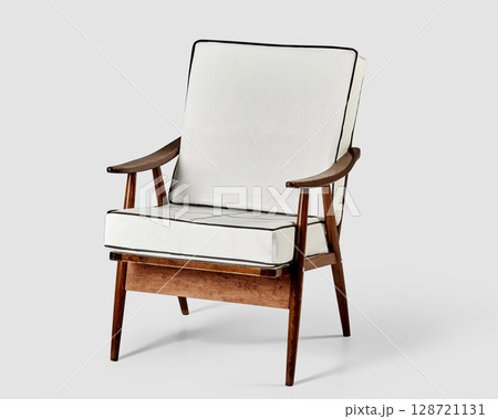 Comfortable modern armchair with white cushions and wooden frame on plain background 128721131