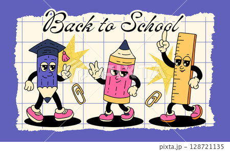 Back to School Vintage Retro Mascot Character Education Supplies Vector Set Stationery 128721135