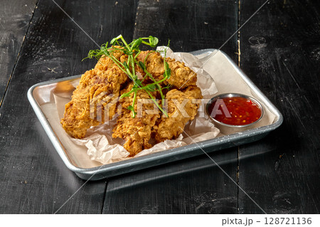 Crispy fried chicken tenders with spicy dipping sauce on metal tray Crispy fried chicken tenders with spicy dipping sauce on metal tray 128721136