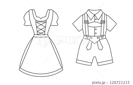 national Bavarian costume, Dirndl women's dress, lederhosen men's suit, oktoberfest, simple black and white icon on isolated background national Bavarian costume, Dirndl women's dress, lederhosen men's suit, oktoberfest, simple black and white icon on isolated background 128721215