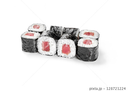Hosomaki tuna sushi rolls with nori seaweed showing red filling on white background Hosomaki tuna sushi rolls with nori seaweed showing red filling on white background 128721224