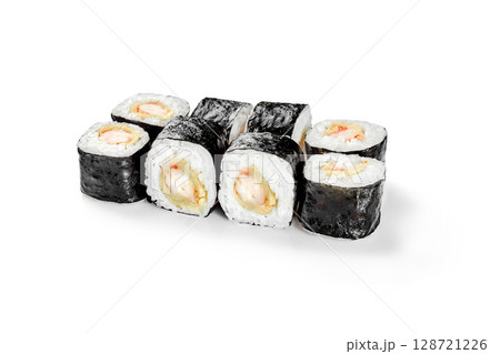 Delicious hot fried sushi roll with shrimp tempura and cream cheese isolated on white background Delicious hot fried sushi roll with shrimp tempura and cream cheese isolated on white background 128721226