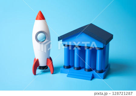 Bank building and rocket. Innovative banking. Fintech startup. Disruptive innovation in finance, rise of fintech platforms. Digital banking, decentralized finance, fast evolution of financial services 128721287