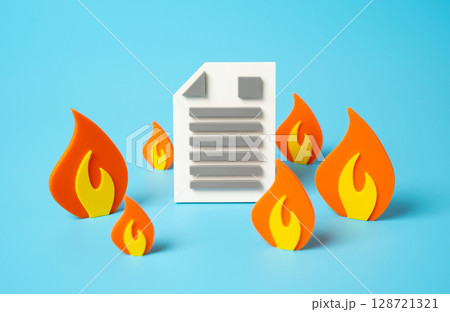 Document on fire. Bureaucracy and obstacles in crisis situations. Destruction of evidence and documents. Emergency measures, data loss. Collapse of systems. Attempts to erase official records 128721321