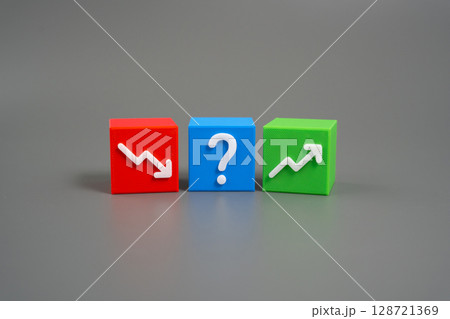 The question is where prices will go: up or down. Stock, futures and cryptocurrency quotes. Investor sentiment, volatility. Speculation, inflation impact, global events. Unpredictable pricing behavior 128721369