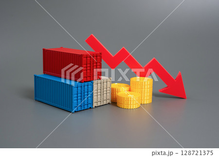 Sea containers next to money coins and a red arrow pointing down. The decline of shipping and trade. Falling demand, supply chain disruptions, export-import imbalances. Rising freight costs 128721375