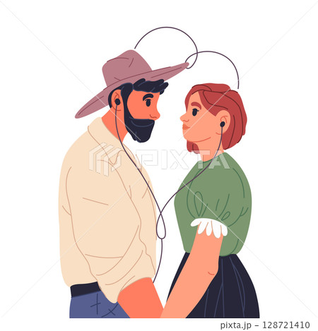 Couple hold hands with earphones make heart. Vector headphones love symbol above pair. Man and woman listen music or romantic audio, sound. Romantic relationship and valentine day sign. Affection. 128721410