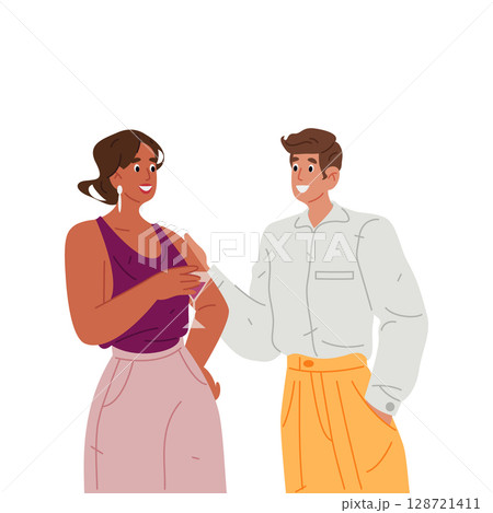 Pair at cocktail party. Vector couple enjoy drink at festive. Evening celebration, social alcohol gathering. Nightlife event with beverage with romantic communication or flirt. Conversation or date. Pair at cocktail party. Vector couple enjoy drink at festive. Evening celebration, social alcohol gathering. Nightlife event with beverage with romantic communication or flirt. Conversation or date. 128721411