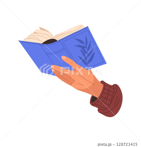 Hand holding paper book. Vector palm with hardcover opened literature. Element for reader information and content text, lesson or manual. Education and learning, reading. Symbol for college journal. 128721415