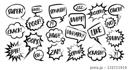 Grunge comic speech bubbles with handwritten text, brush strokes, ink smudges, acrylic stains or charcoal streaks. Hand drawn retro cartoon stickers. Chatting, message box. Vector illustration 128721919