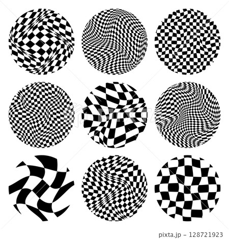 Trendy round checkered pattern, distorted tiled grid. Wavy curved backdrop, distortion effect. Funky geometric chessboard texture, retro background in 90s style, y2k. Vector illustration Trendy round checkered pattern, distorted tiled grid. Wavy curved backdrop, distortion effect. Funky geometric chessboard texture, retro background in 90s style, y2k. Vector illustration 128721923