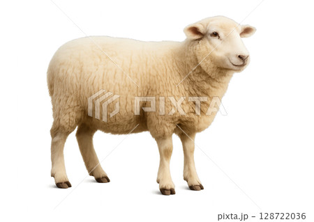 Sheep Standing on a White Background in a Calm and Serene Posture During Daylight 128722036