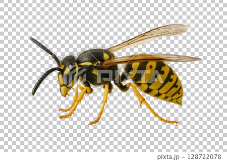 Close-up View of a Yellow and Black Wasp Showing Intricate Details of Its Body and Wings 128722078