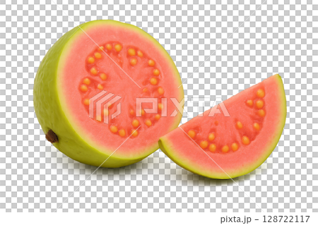 Fresh Guava Fruit Showing Vibrant Pink Flesh and Seeds With a Slice Beside It 128722117