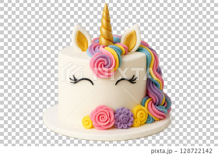 Colorful Unicorn Cake With Decorative Icing Flowers for a Festive Celebration Colorful Unicorn Cake With Decorative Icing Flowers for a Festive Celebration 128722142