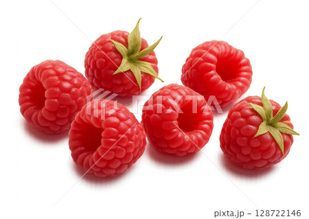 Fresh Raspberries Arranged Creatively on a White Background Showcasing Vibrant Color and Texture Fresh Raspberries Arranged Creatively on a White Background Showcasing Vibrant Color and Texture 128722146