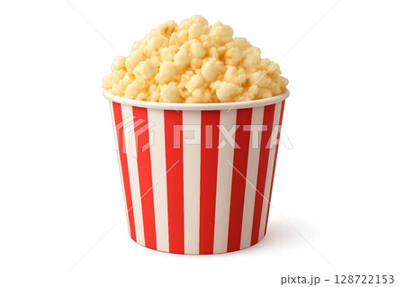 Freshly Popped Popcorn in a Striped Container Ready for Movie Night 128722153