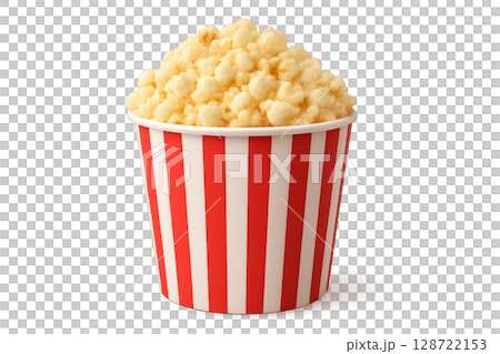 Freshly Popped Popcorn in a Striped Container Ready for Movie Night 128722153