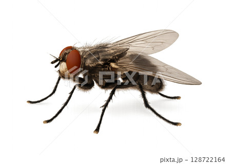 Detailed Close-Up of a Housefly Showcasing Eyes and Wings Under Bright Lighting Conditions 128722164