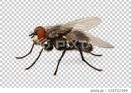 Detailed Close-Up of a Housefly Showcasing Eyes and Wings Under Bright Lighting Conditions 128722164