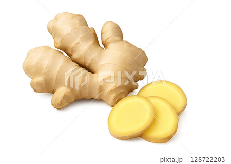 Fresh Ginger Root With Sliced Pieces for Culinary Use in Dishes, Beverages, and Wellness Preparations 128722203